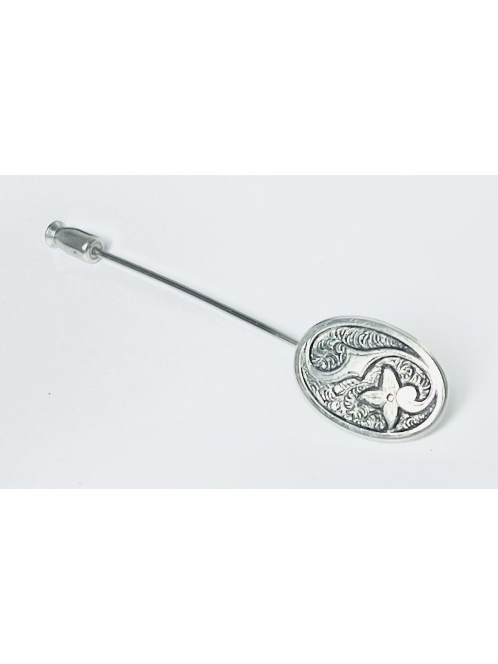 Vintage Sterling Silver Art Nouveau Stick Pin Oval Floral Scroll Design 2.5”